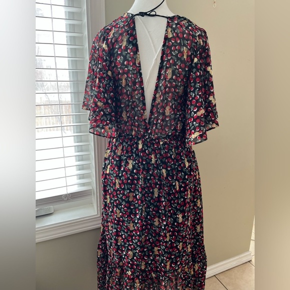 [M]Axara Paris Deep V Tied Neck S/S Cherry Pinapple Chiffon Dress - Picture 5 of 13